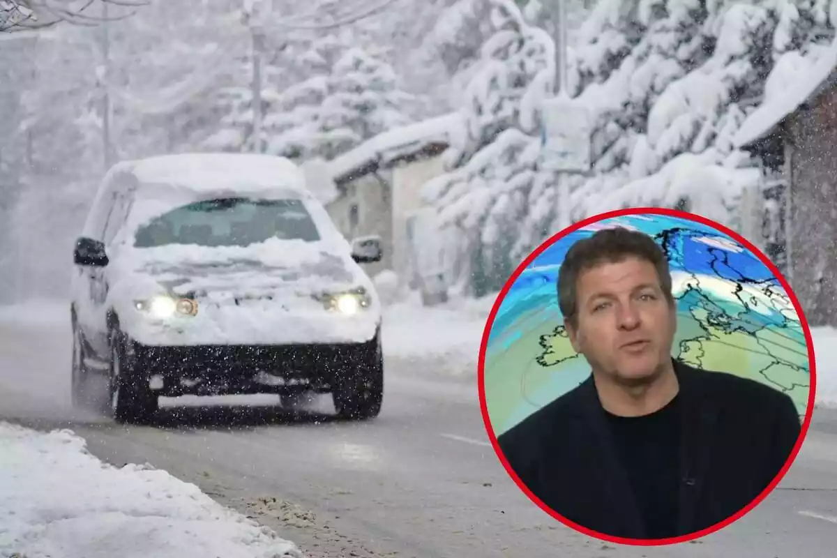 Muntatge amb una imatge de fons d'un cotxe ple de neu circulant per una carretera de muntanya i una altra de Mario Picazo