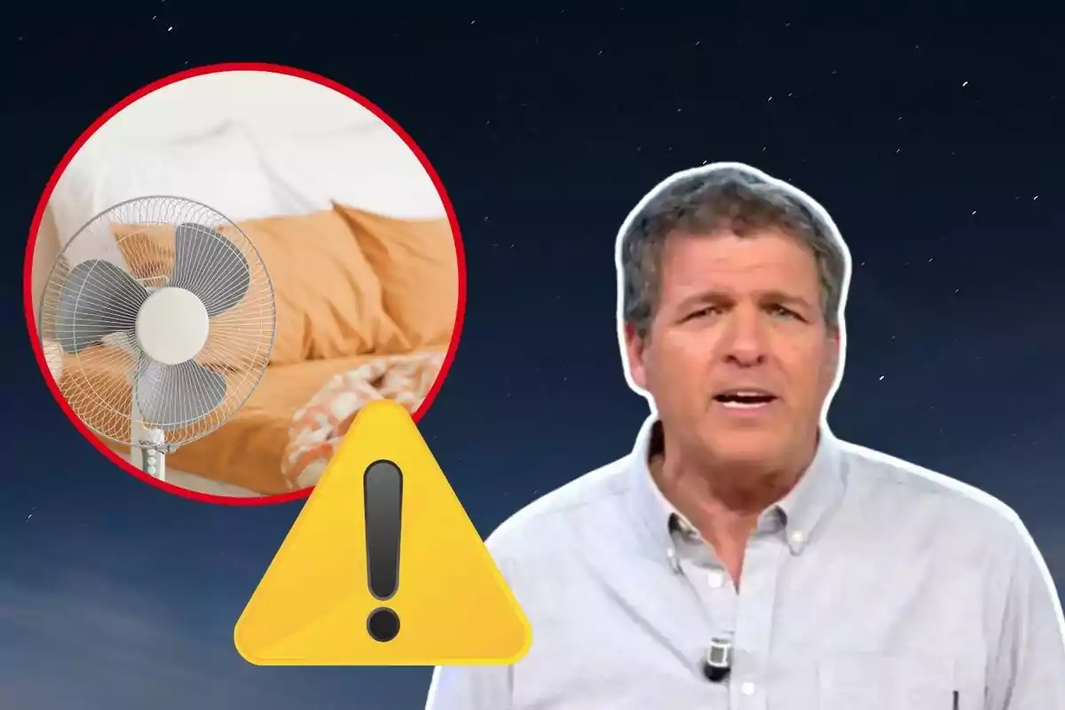 Home parlant amb expressió seriosa al costat d’un ventilador en una habitació i un símbol d’advertència groc Home parlant amb expressió seriosa al costat d’un ventilador en una habitació i un símbol d’advertència groc