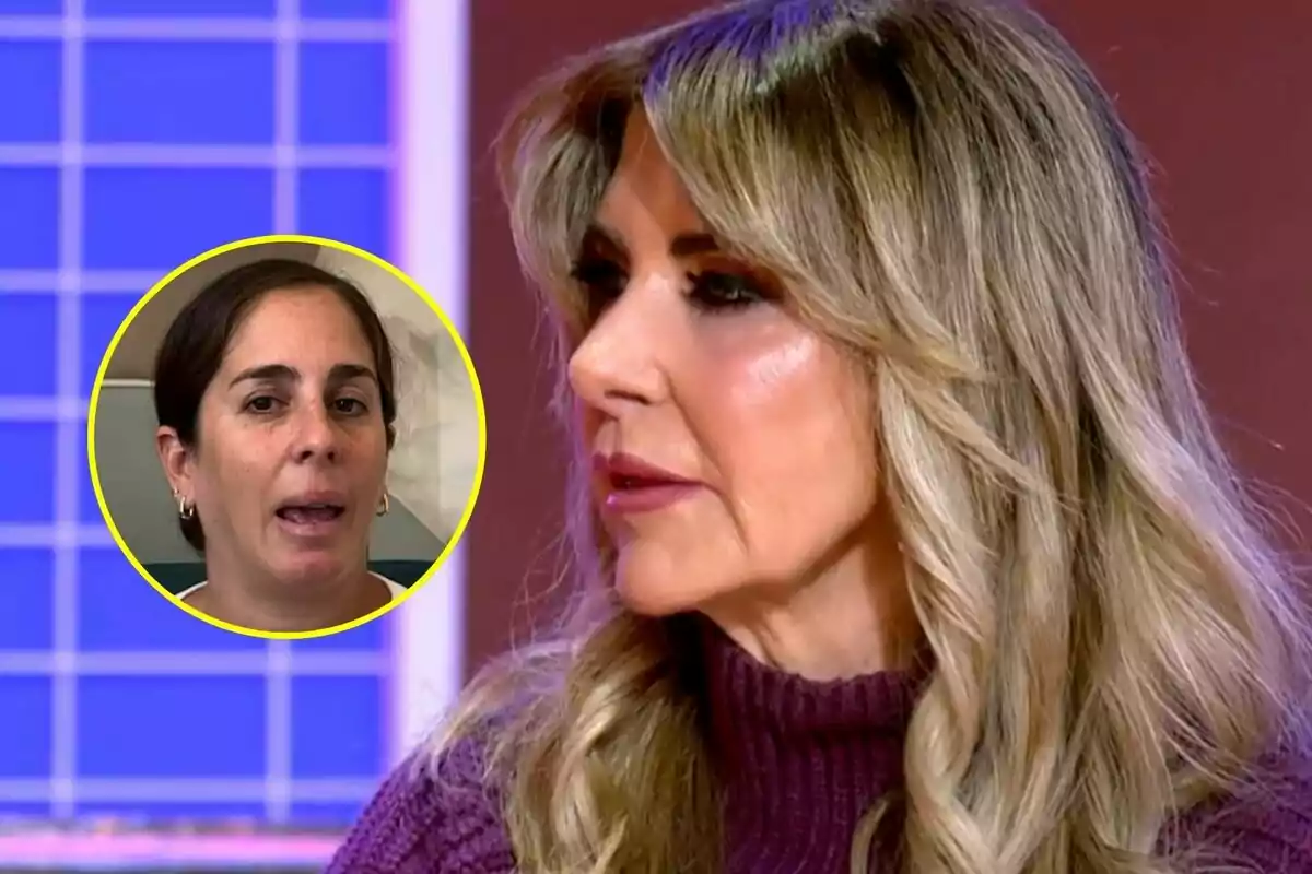 Marisa Martín Blázquez de perfil con cabello rubio y suelto en Tardear aparece en primer plano mientras en la esquina superior izquierda se muestra un recuadro con la imagen de Anabel Pantoja de cabello oscuro y recogido.