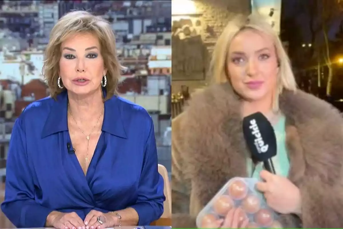 Ana Rosa Quintana y Marta Riesco aparecen en la imagen, una en un estudio de televisión con una blusa azul y otra en exteriores con un abrigo de piel, sosteniendo un micrófono y una bandeja de huevos.