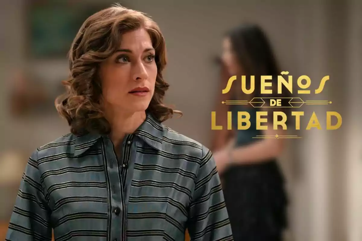 Marta Belmonte amb cabell arrissat i expressió seriosa està dreta, amb el text "Sueños de Libertad" al seu costat.