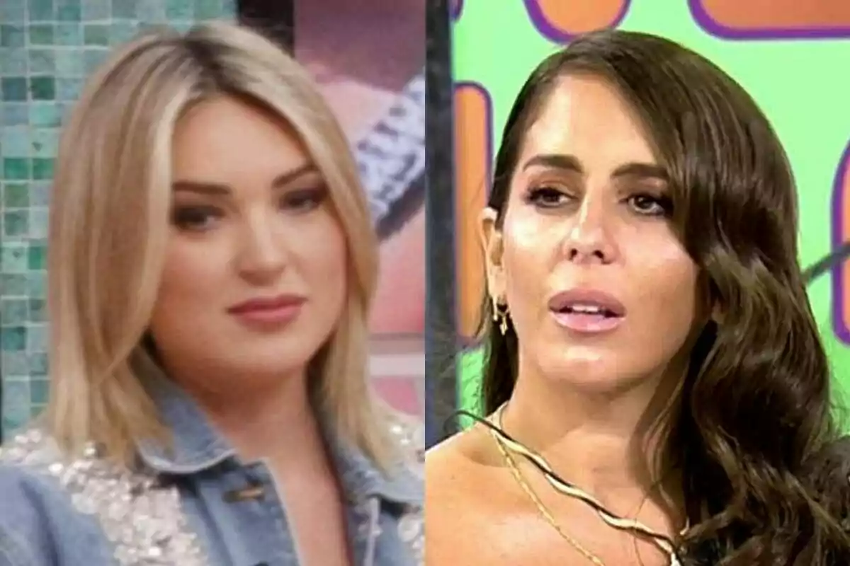 Dues dones en primer pla, Marta Riesco de cabell ros i llis amb jaqueta texana a La Família de la Tele i Anabel Pantoja de cabell castany i ondulat amb fons acolorit a Sálvame.