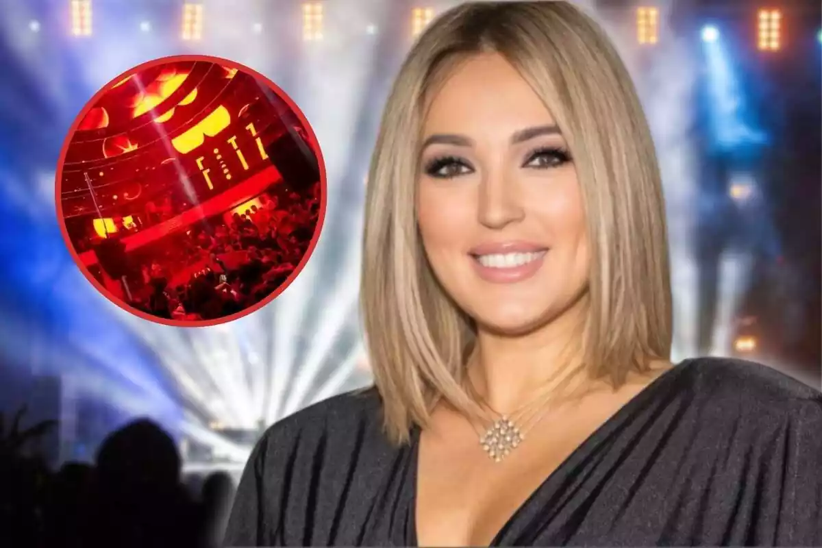 Marta Riesco sobre un fons de discoteca i al costat un cercle amb una discoteca amb llums vermelles