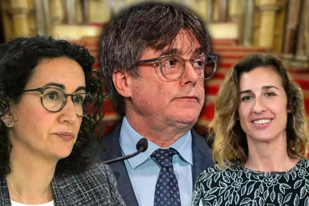 Muntatge amb les cares de Marta Rovira, Carles Puigdemont i Laia Estrada posen davant un fons borrós del Parlament de Catalunya