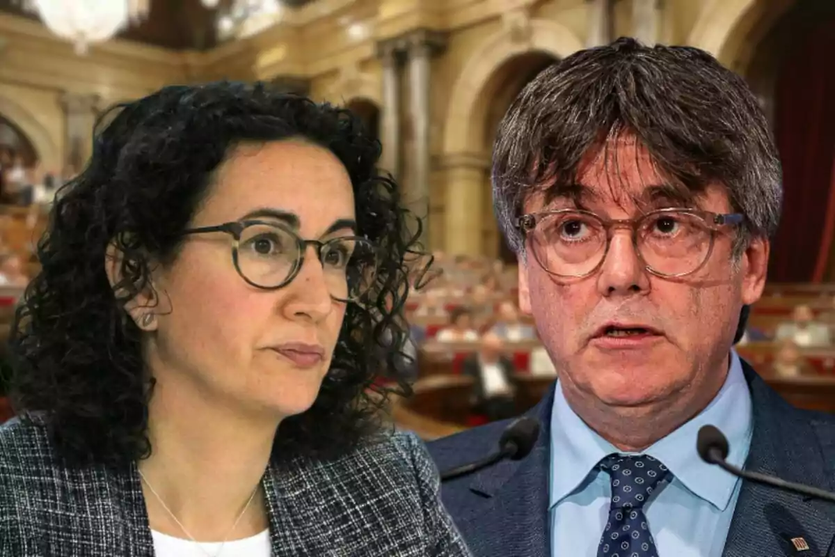 Marta Rovira i Carles Puigdemont amb cara de pocs amics i de fons una imatge difuminada del Parlament de Catalunya