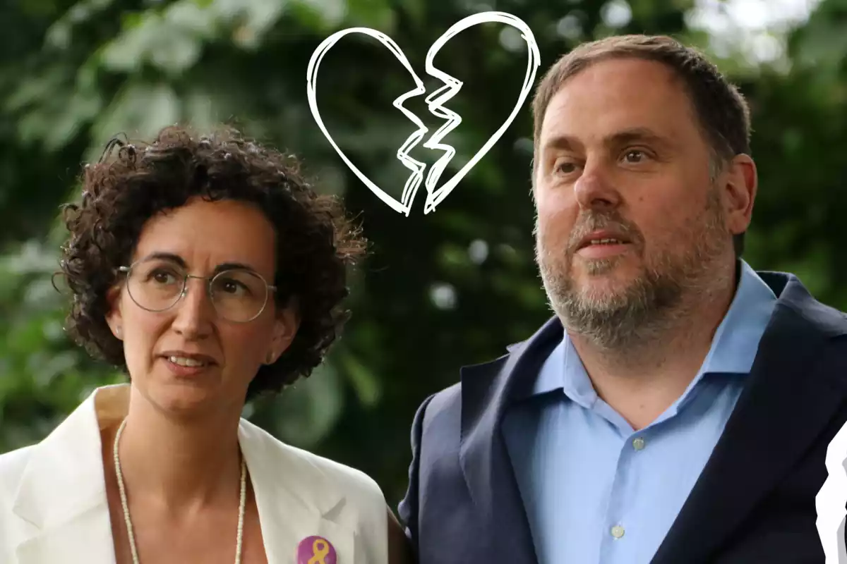 Marta Rovira i Oriol Junqueras, d'ERC, amb un dibuix d'un cor trencat