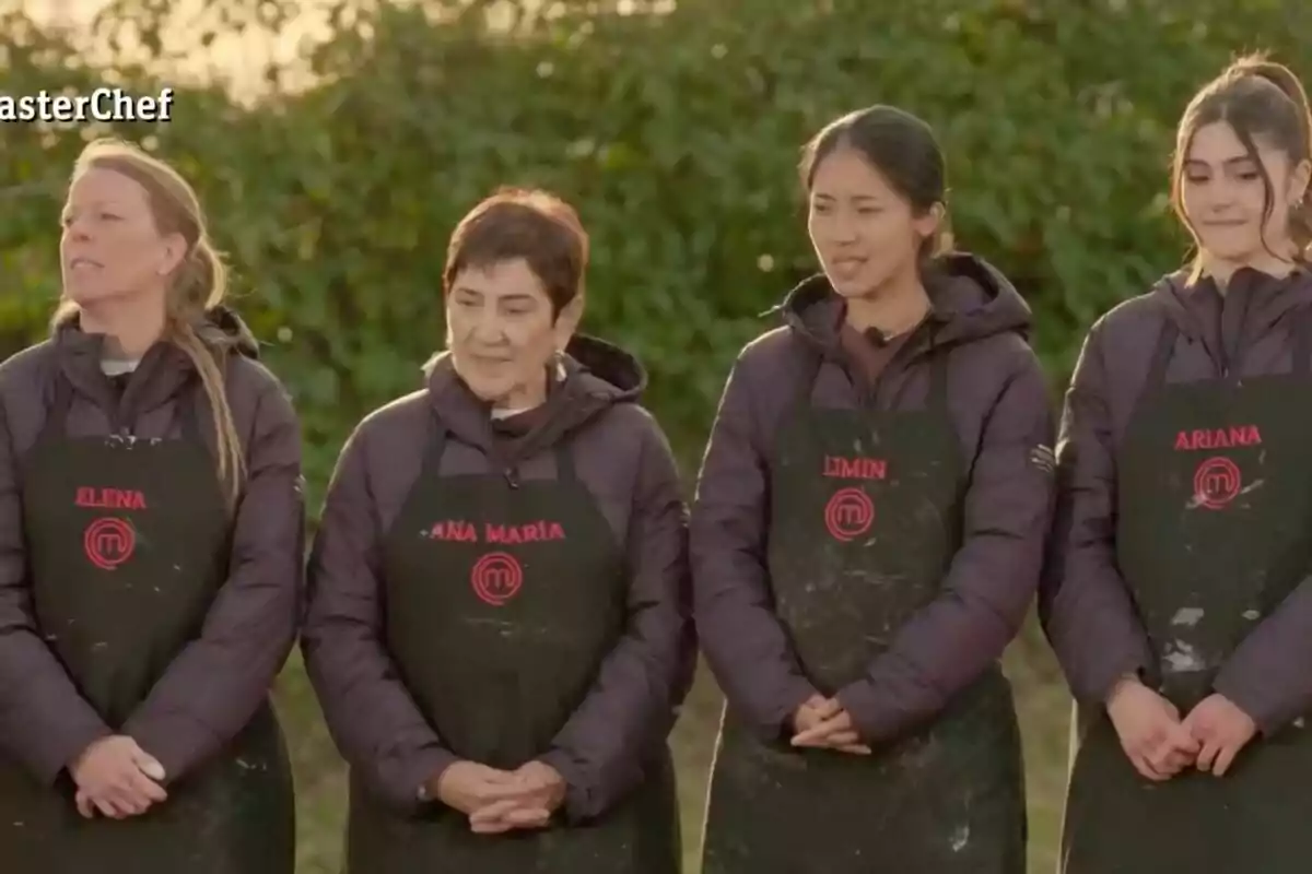 Un grup de quatre persones vestides amb davantals negres i jaquetes fosques, dempeus a l'aire lliure davant d'un fons de vegetació a 'Masterchef'. Un grup de quatre persones vestides amb davantals negres i jaquetes fosques, dempeus a l'aire lliure davant d'un fons de vegetació a 'Masterchef'.