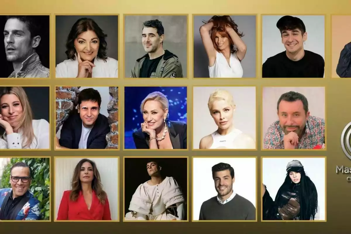 Un collage de retrats de diverses persones emmarcades en un fons daurat.