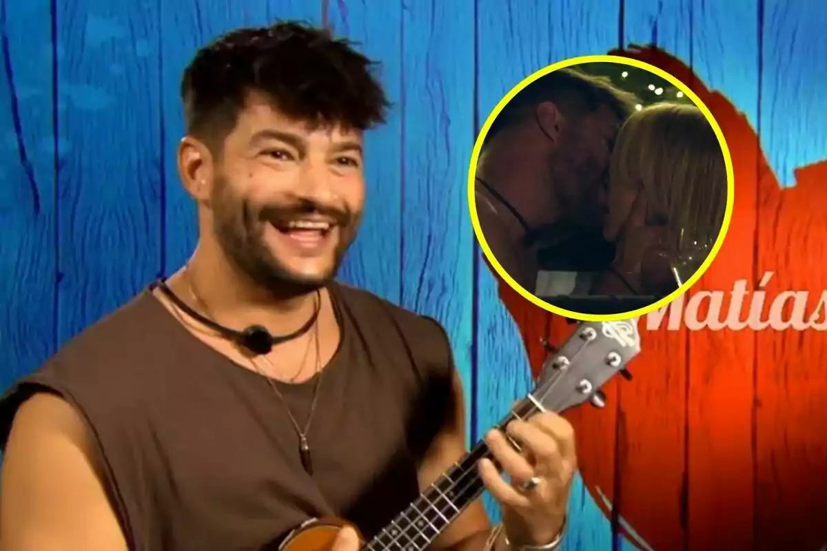 Captura de Matías sonriente tocando un instrumento en First Dates Hotel mientras en un recuadro se le muestra con Inma besándose.