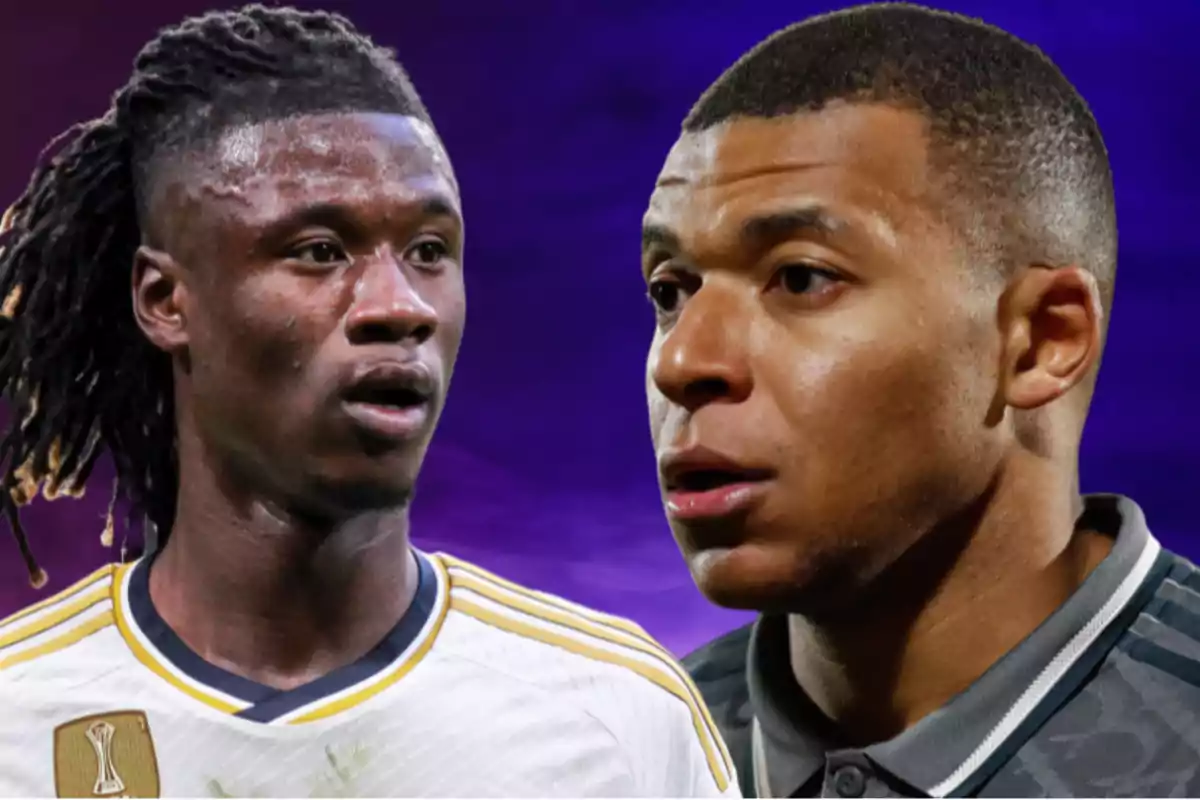 Dos jugadors de futbol en primer pla amb un fons morat. Dos jugadors de futbol en primer pla amb un fons morat.