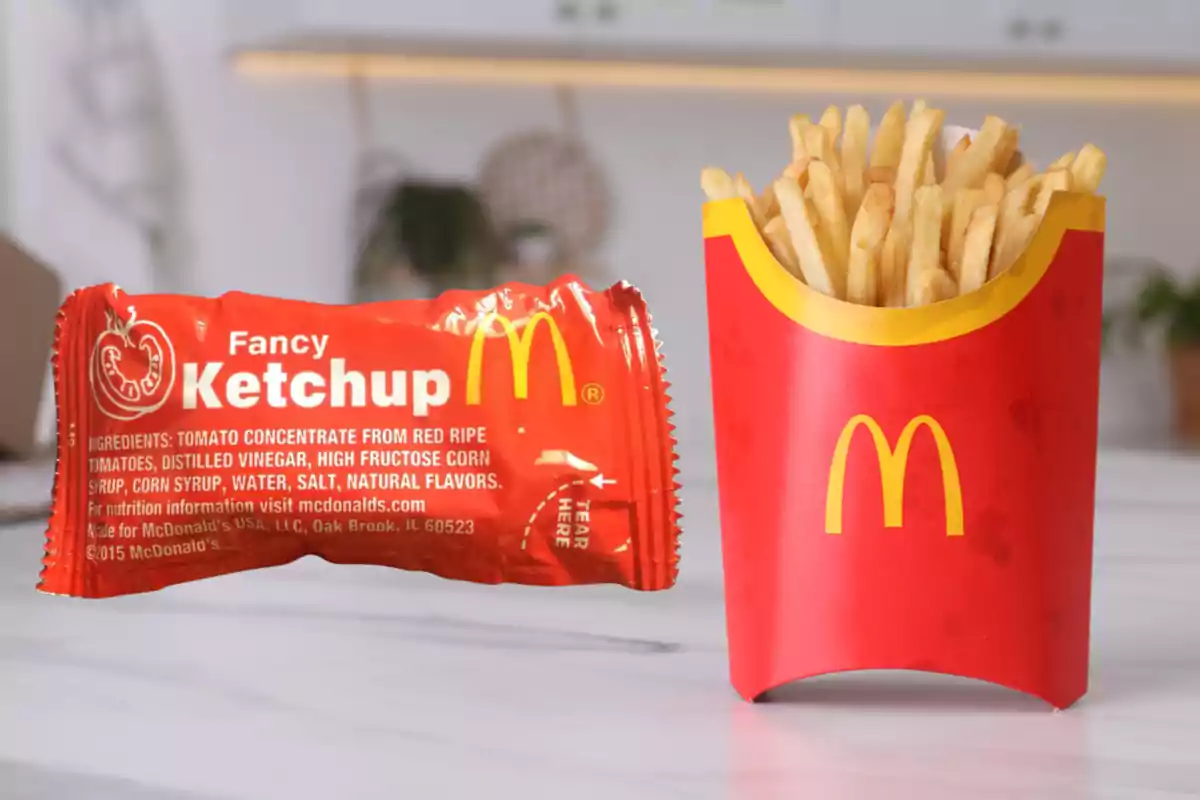 Un paquete de ketchup de McDonald's junto a una porción de papas fritas en su característico envase rojo.