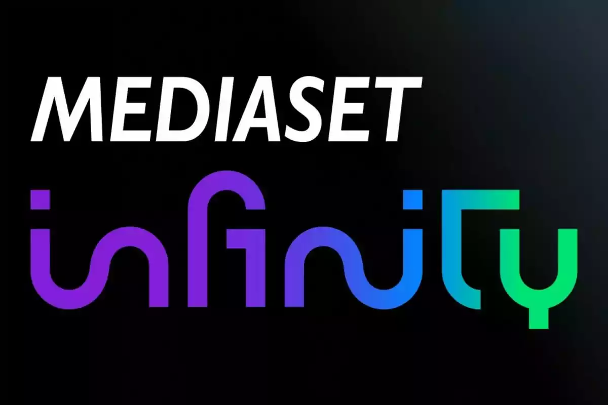 Logotip de Mediaset Infinity amb fons negre i lletres en blanc, morat, blau i verd. Logotip de Mediaset Infinity amb fons negre i lletres en blanc, morat, blau i verd.