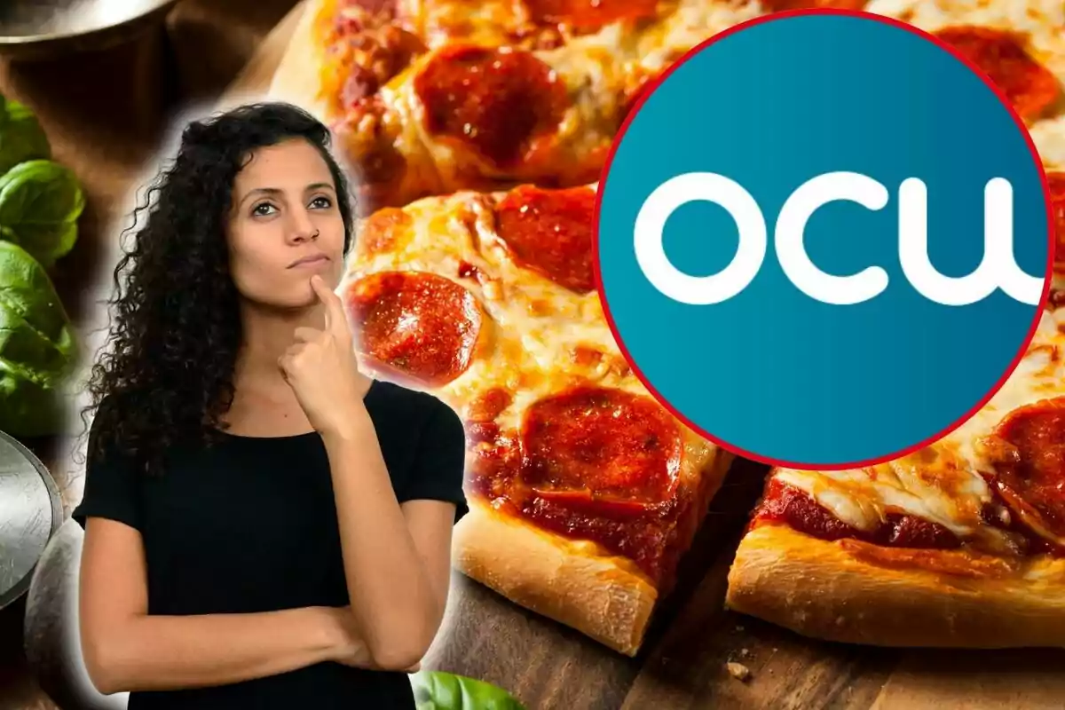 Dona pensant en pizzes i el logo de l'OCU