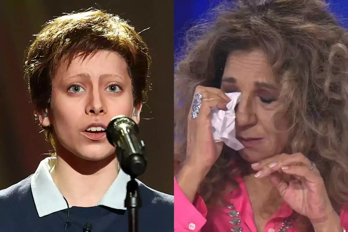 Dues dones a Tu Cara Me Suena, la Melani cantant davant d’un micròfon i la Lolita eixugant-se les llàgrimes amb un mocador.