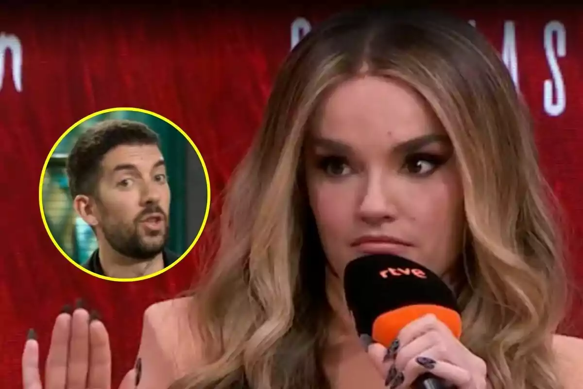 Melody amb expressió seriosa a Eurovisió sosté un micròfon de RTVE mentre a la cantonada apareix el rostre de David Broncano a La Revuelta dins d’un cercle groc.