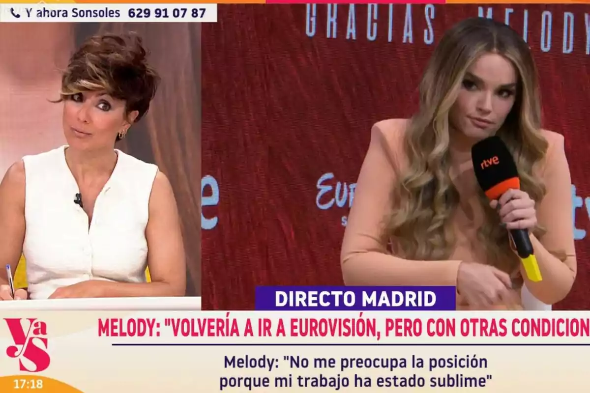 Dues dones participen en un programa de televisió, Sonsoles Ónega a l’estudi de Y ahora Sonsoles i Melody en una roda de premsa des de Madrid, mentre conversen sobre la possibilitat de tornar a Eurovisió. Dues dones participen en un programa de televisió, Sonsoles Ónega a l’estudi de Y ahora Sonsoles i Melody en una roda de premsa des de Madrid, mentre conversen sobre la possibilitat de tornar a Eurovisió.