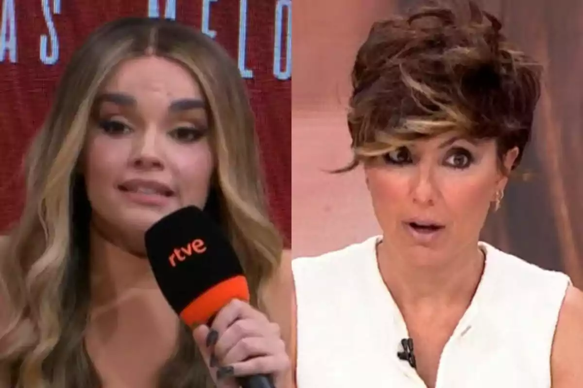 Dues dones apareixen en primer pla, Melody de les quals sosté un micròfon amb el logotip de rtve i Sonsoles Ónega mostra una expressió de sorpresa a Y ahora Sonsoles.