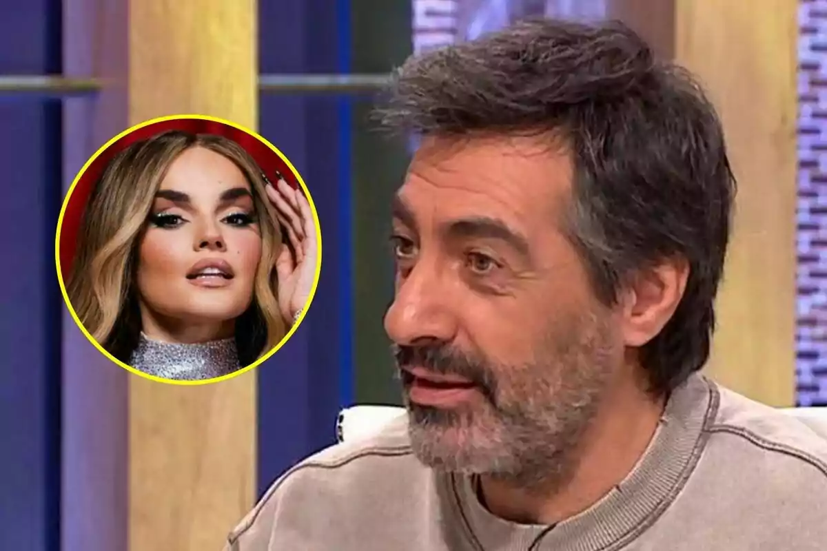 Juan del Val amb barba i cabell fosc apareix a La Roca, mentre que en un cercle groc es mostra el rostre de Melody amb maquillatge i cabell llarg a Eurovisió.