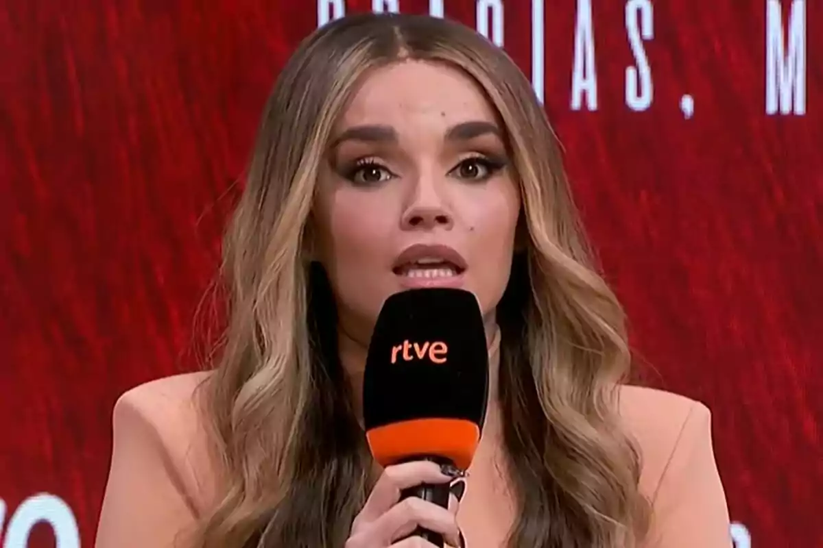 Melody amb cabell llarg i ondulat sosté un micròfon negre amb el logotip de rtve mentre parla davant d’un fons vermell durant la roda de premsa d’Eurovisió.
