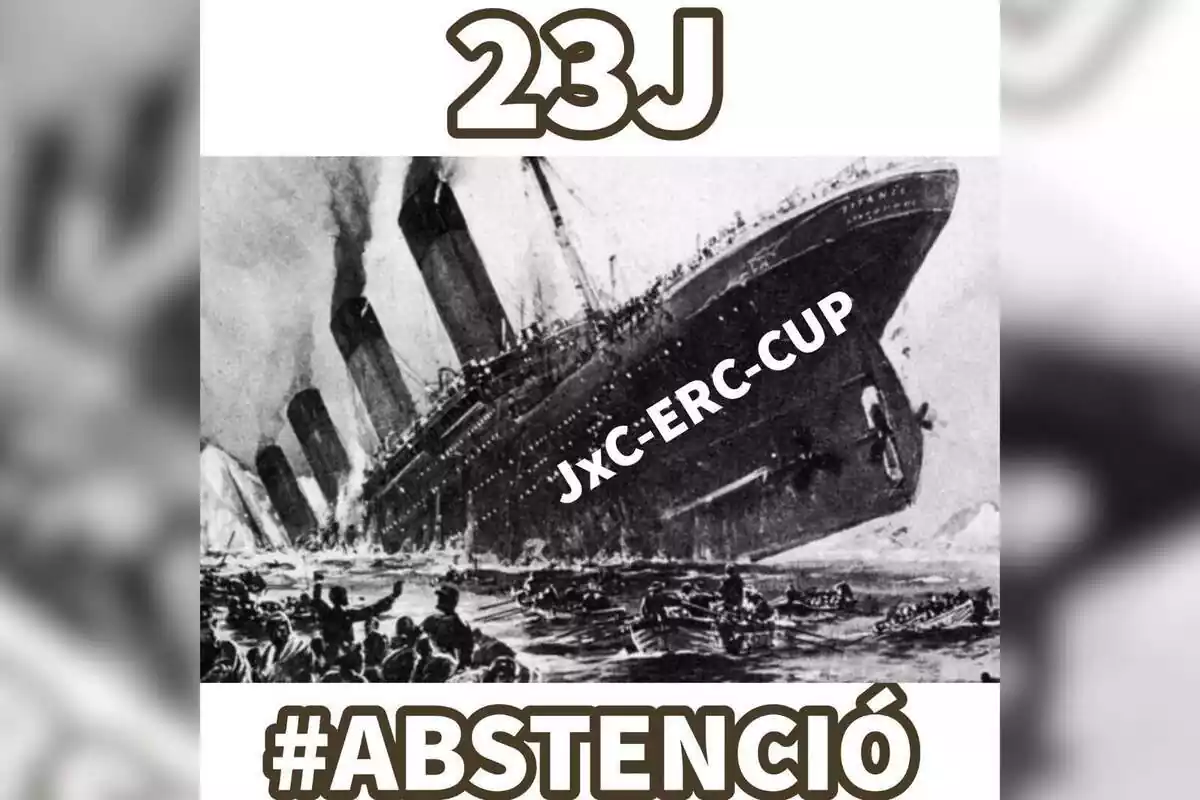 Meme que anima a la abstención en las elecciones del 23 de julio con la imagen del titánic y las siglas de Junts, ERC y la Cup