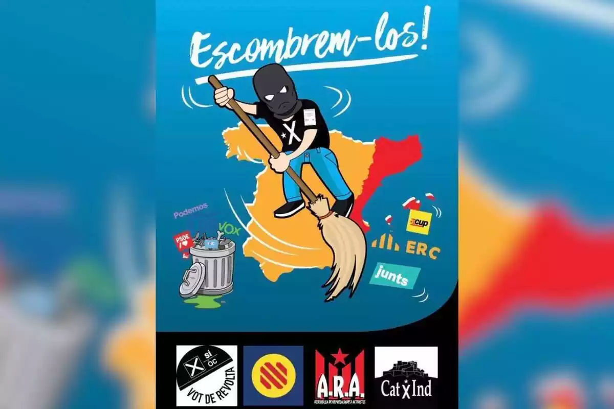 Meme que anima a la abstención en las elecciones del 23 de julio con un encapuchado con una camiseta independentista barriendo los logotipos de los partidos políticos