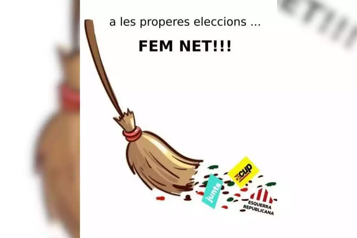 Meme que anima a la abstención en las elecciones del 23 de julio con una escoba barriendo los logotipos de los partidos independentistas catalanes