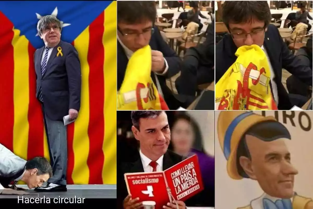 Collage de diversos mems sobre el pacte entre PSOE i Junts en què surten diverses imatges i muntatges de Pedro Sánchez i Carles Puigdemont