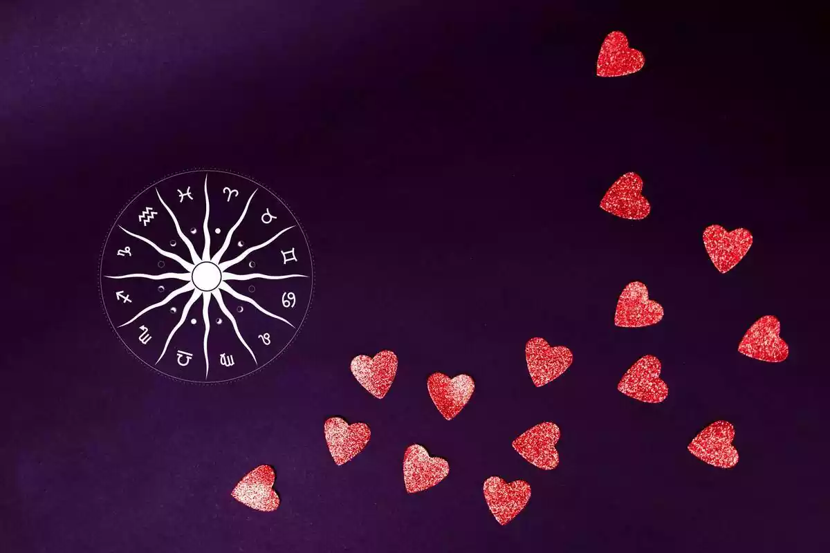 Una roda zodiacal sobre un fons estrellat lila i uns cors vermells al seu voltant