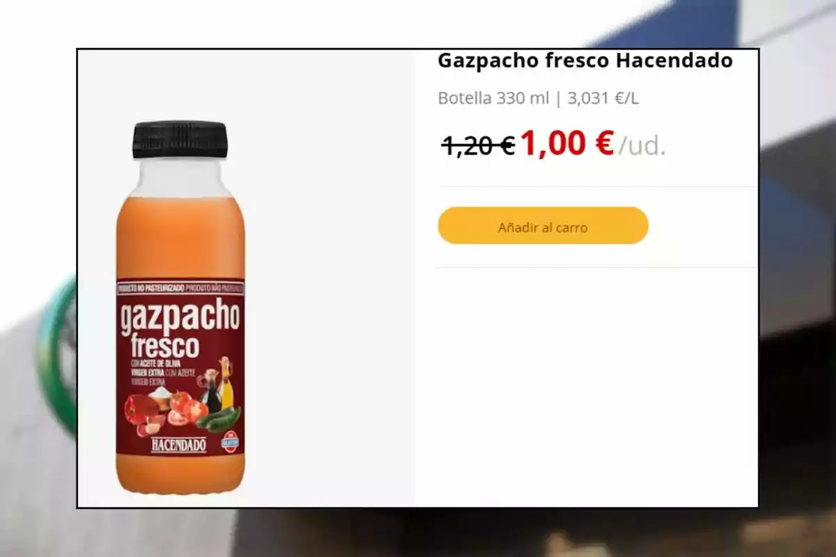 Ampolla de gaspatxo fresc Hacendado de 330 ml en oferta a un euro amb opció d’afegir al carretó de la compra Ampolla de gaspatxo fresc Hacendado de 330 ml en oferta a un euro amb opció d’afegir al carretó de la compra