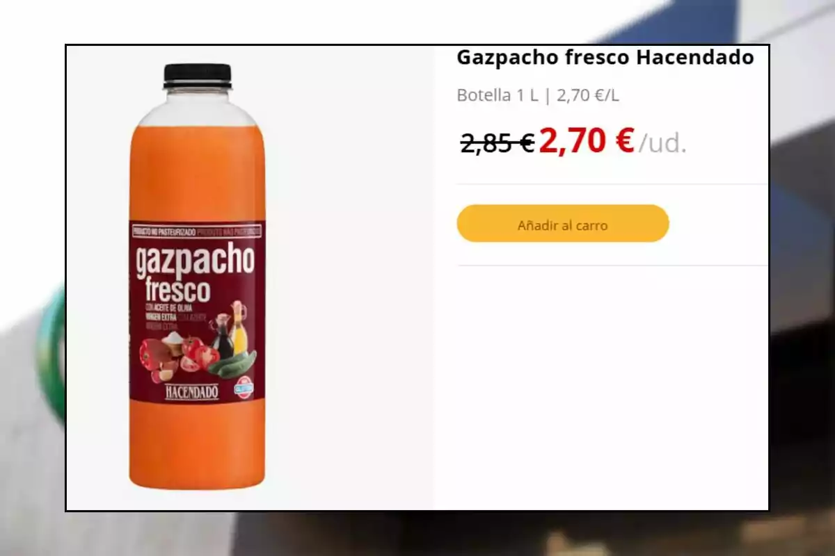 Ampolla de gaspatxo fresc Hacendado d’un litre amb preu rebaixat a 2,70 euros i opció d’afegir al carretó de la compra Ampolla de gaspatxo fresc Hacendado d’un litre amb preu rebaixat a 2,70 euros i opció d’afegir al carretó de la compra