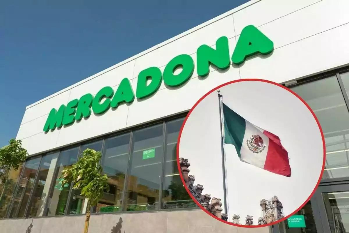 Façana d?una botiga Mercadona amb una bandera de Mèxic en un cercle superposat.