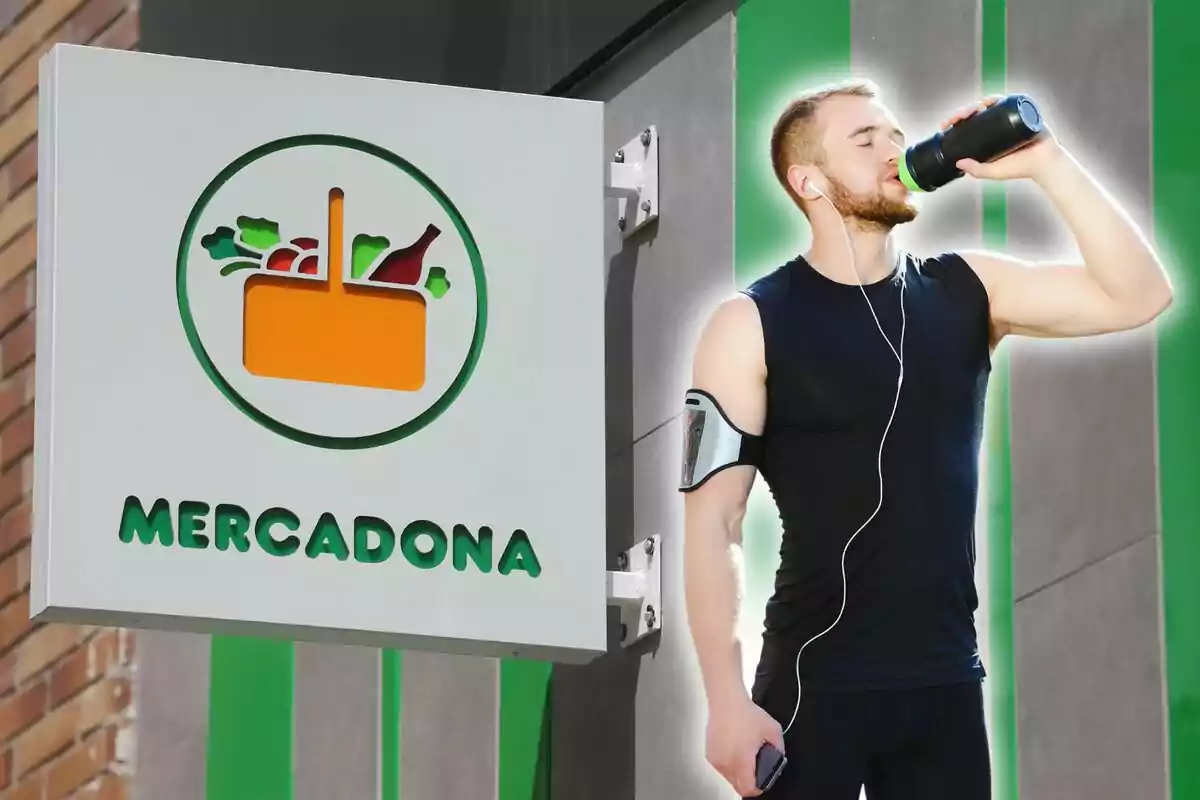 A sporty man drinking from a bottle in front of a Mercadona sign.