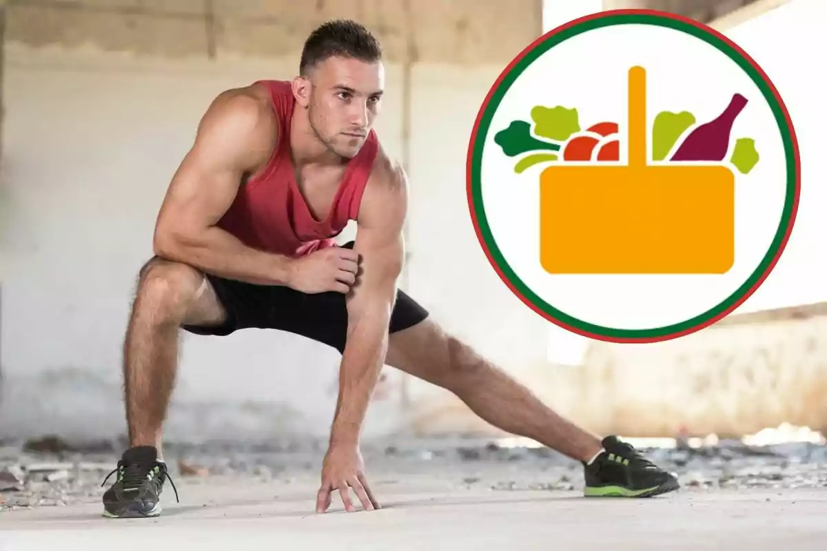 Hombre haciendo ejercicio de estiramiento con un ícono de alimentos saludables en la esquina superior derecha.