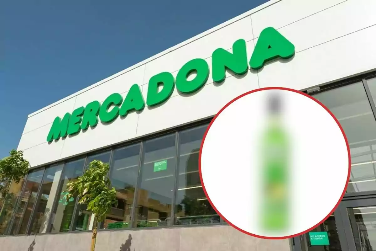 Façana d´una botiga Mercadona amb un producte desenfocat en un cercle vermell.