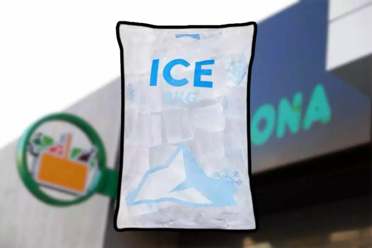 2kg bag of ice in front of a store.