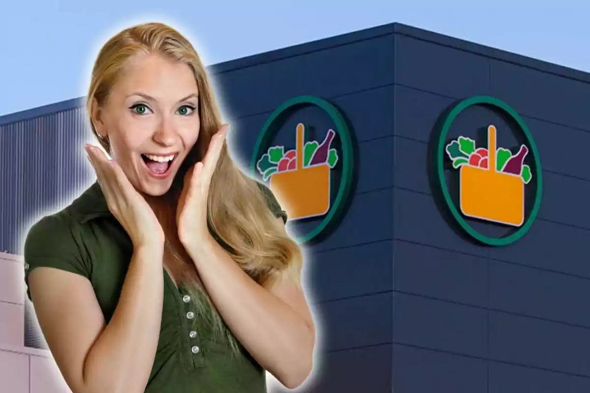 Blonde woman with a surprised expression in front of a supermarket facade with a shopping basket logo