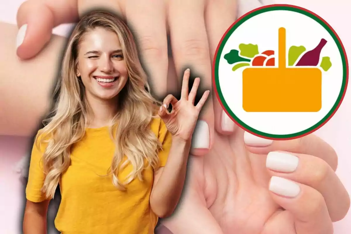 Una dona somrient amb samarreta groga fa un gest d'aprovació amb la mà sobre un fons de mans amb ungles cuidades i un logotip d'una cistella d'aliments.