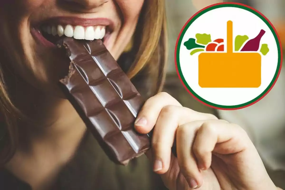 Person biting a chocolate bar with a grocery basket icon next to it.