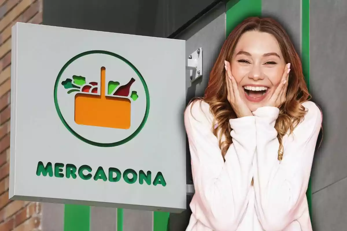 A smiling woman next to a Mercadona sign.