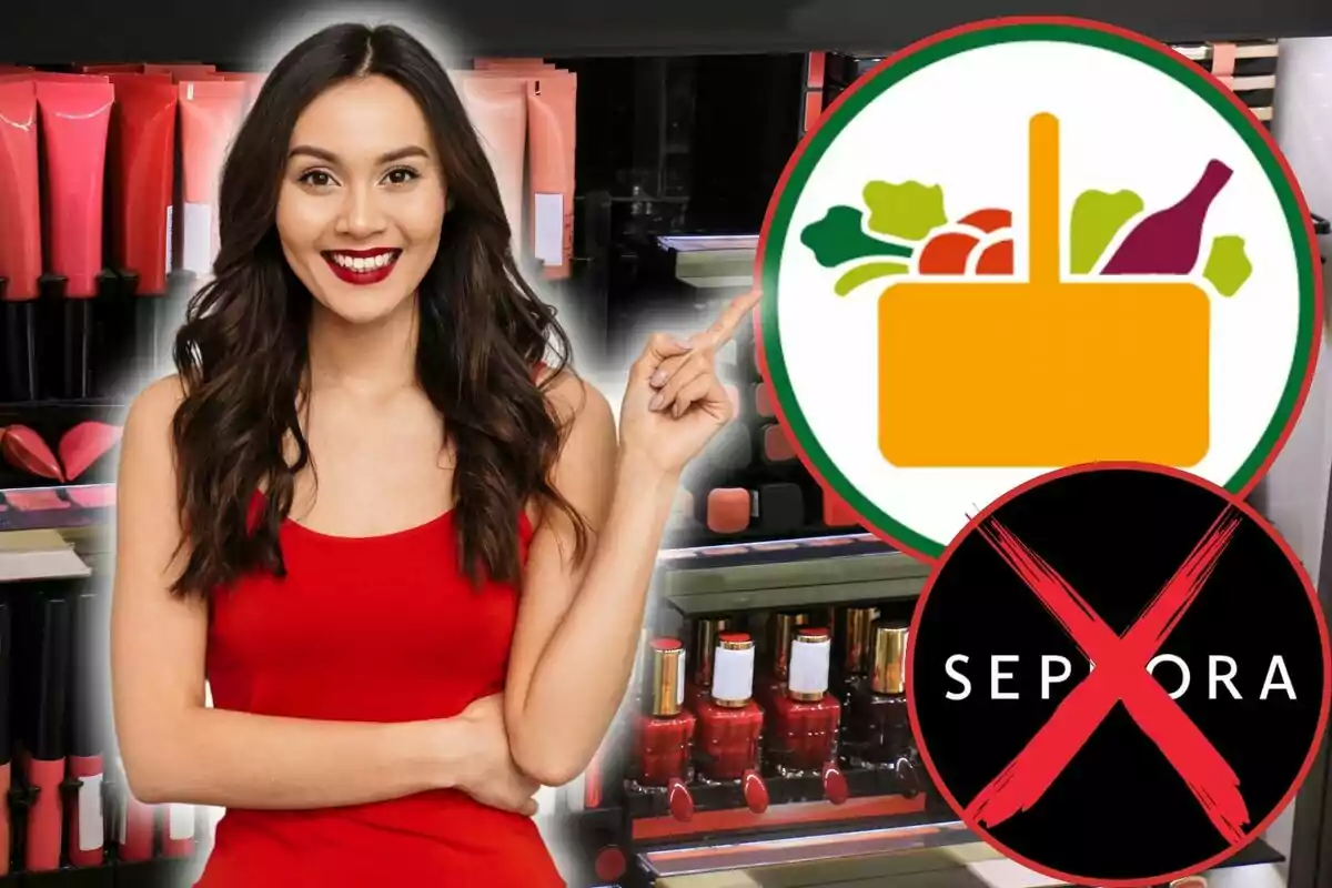 Una mujer sonriente con un vestido rojo señala un logo de supermercado mientras está rodeada de productos de maquillaje.