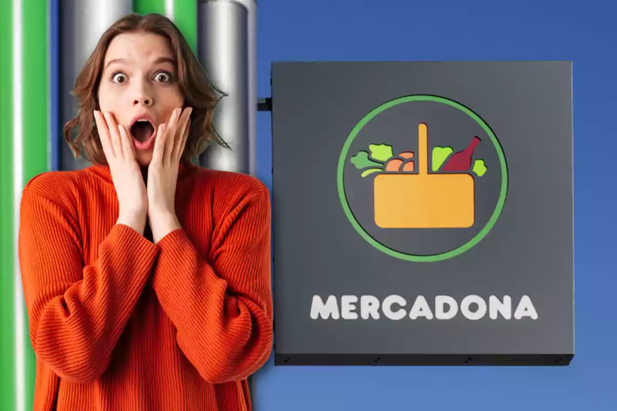 Una persona con expresión de sorpresa está junto a un cartel de Mercadona.