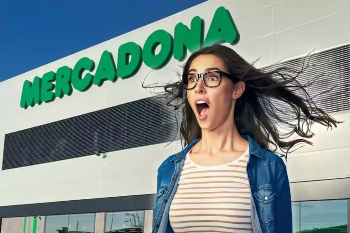 A woman with a surprised expression in front of a Mercadona supermarket.