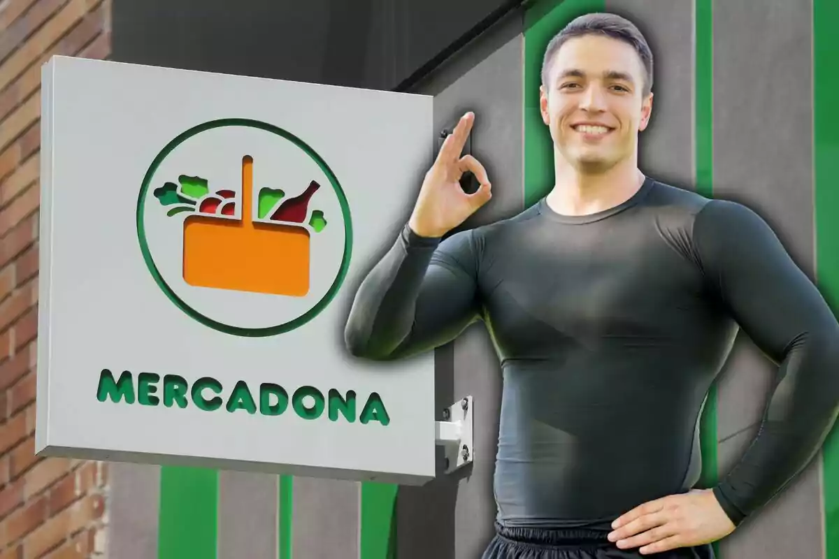 A smiling man in a black T-jersey gives a thumbs-up gesture next to a Mercadona sign.