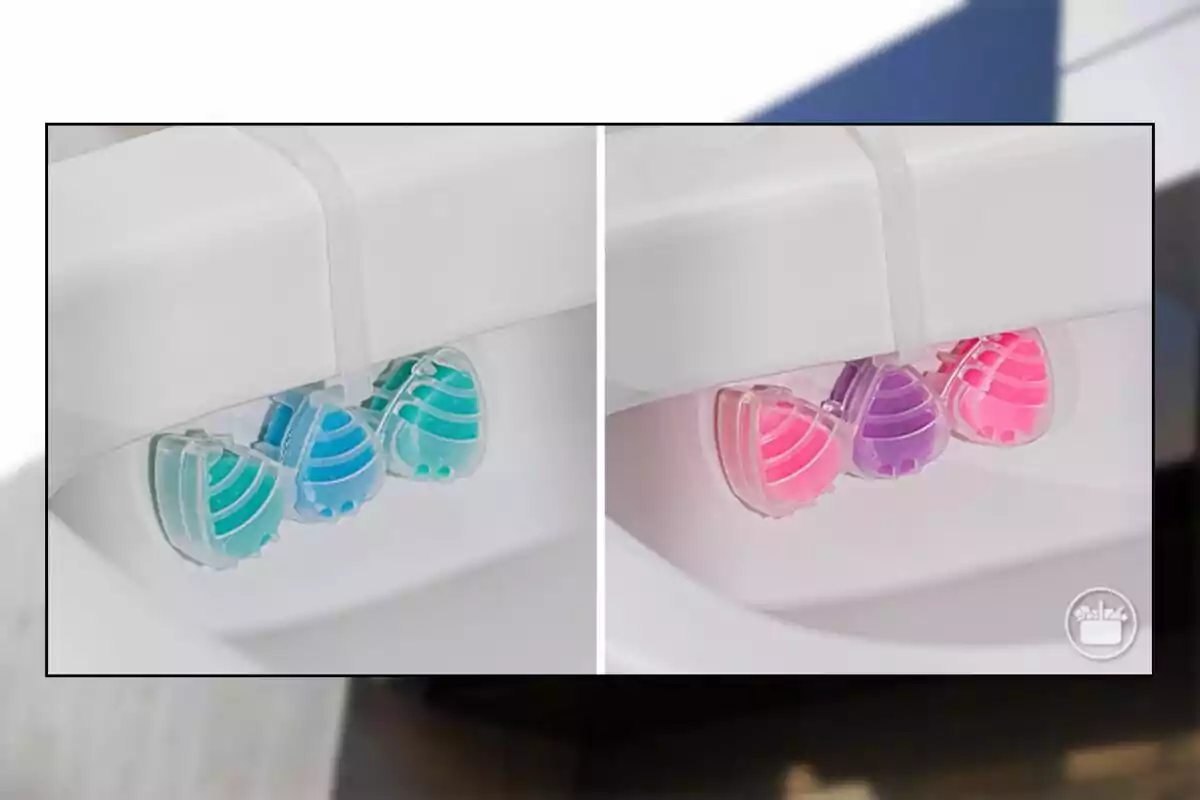 Two images of a toilet with hanging cleaning blocks, one with blue and green colors and the other with pink and purple colors. Two images of a toilet with hanging cleaning blocks, one with blue and green colors and the other with pink and purple colors.