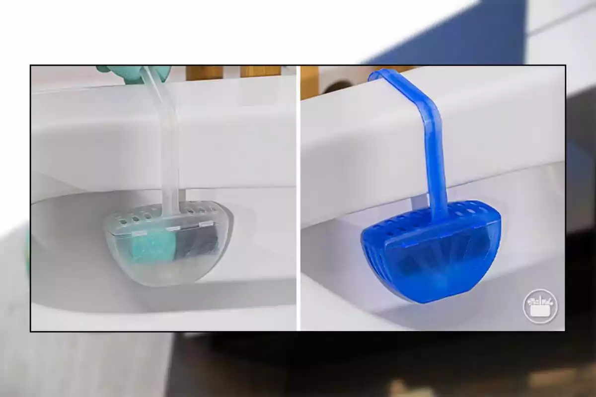 Two images of toilet cleaner dispensers hanging from the rim of the toilet, one clear and the other blue. Two images of toilet cleaner dispensers hanging from the rim of the toilet, one clear and the other blue.
