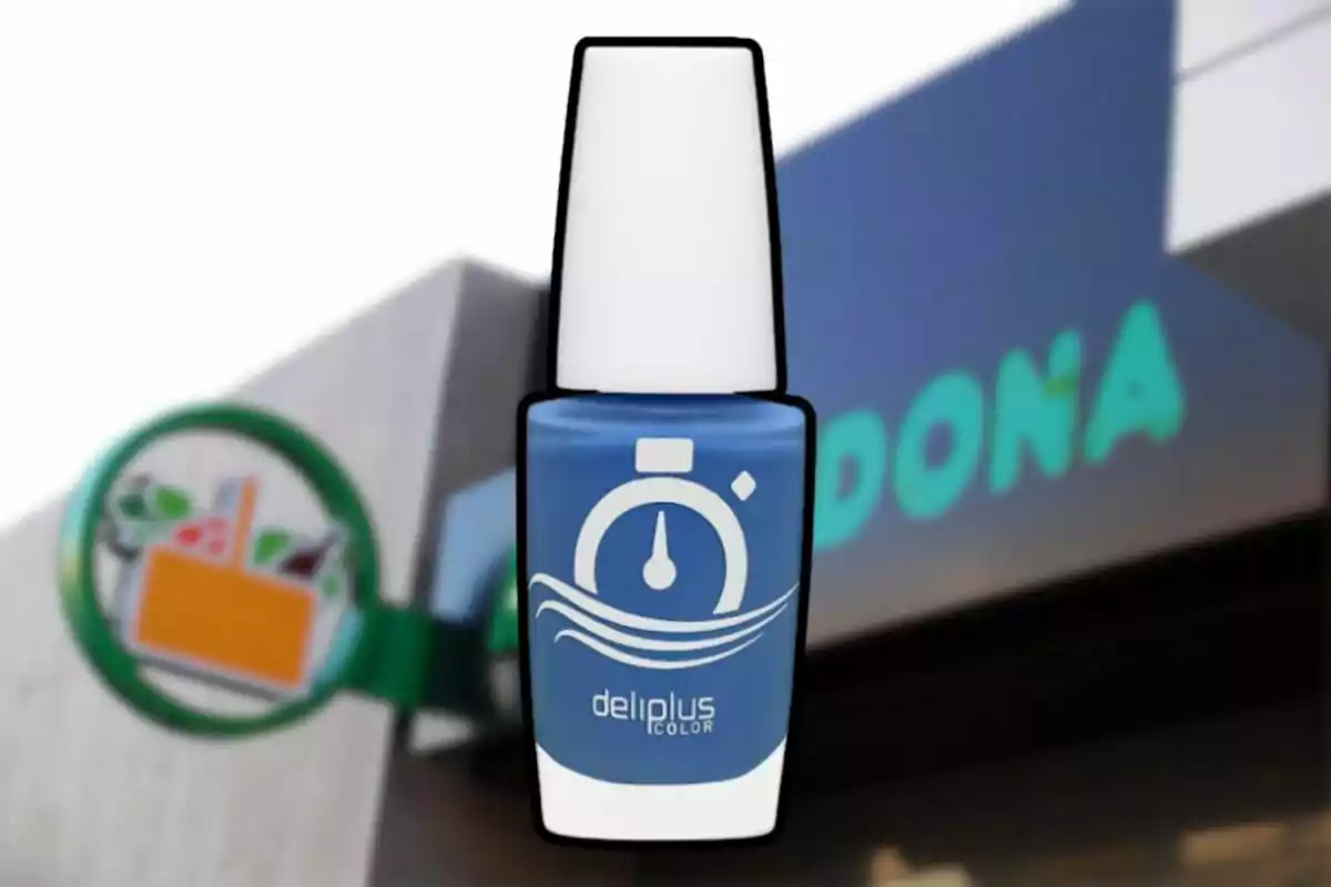 Blue Deliplus nail polish in front of a store.