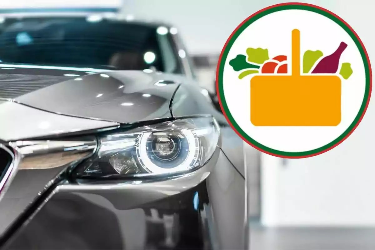 A gray car with one headlight on and a pie chart of a shopping basket with groceries. A gray car with one headlight on and a pie chart of a shopping basket with groceries.