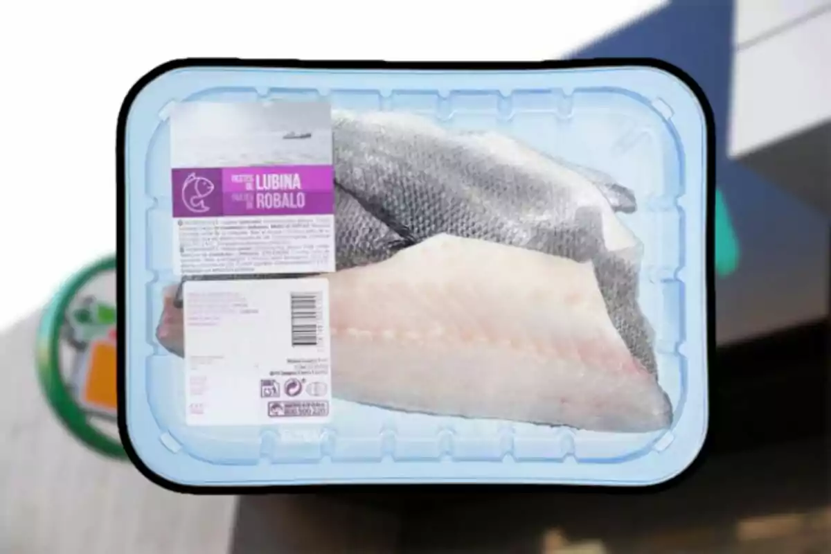 Paquete de filetes de lubina o robalo en bandeja de plástico azul. Paquete de filetes de lubina o robalo en bandeja de plástico azul.