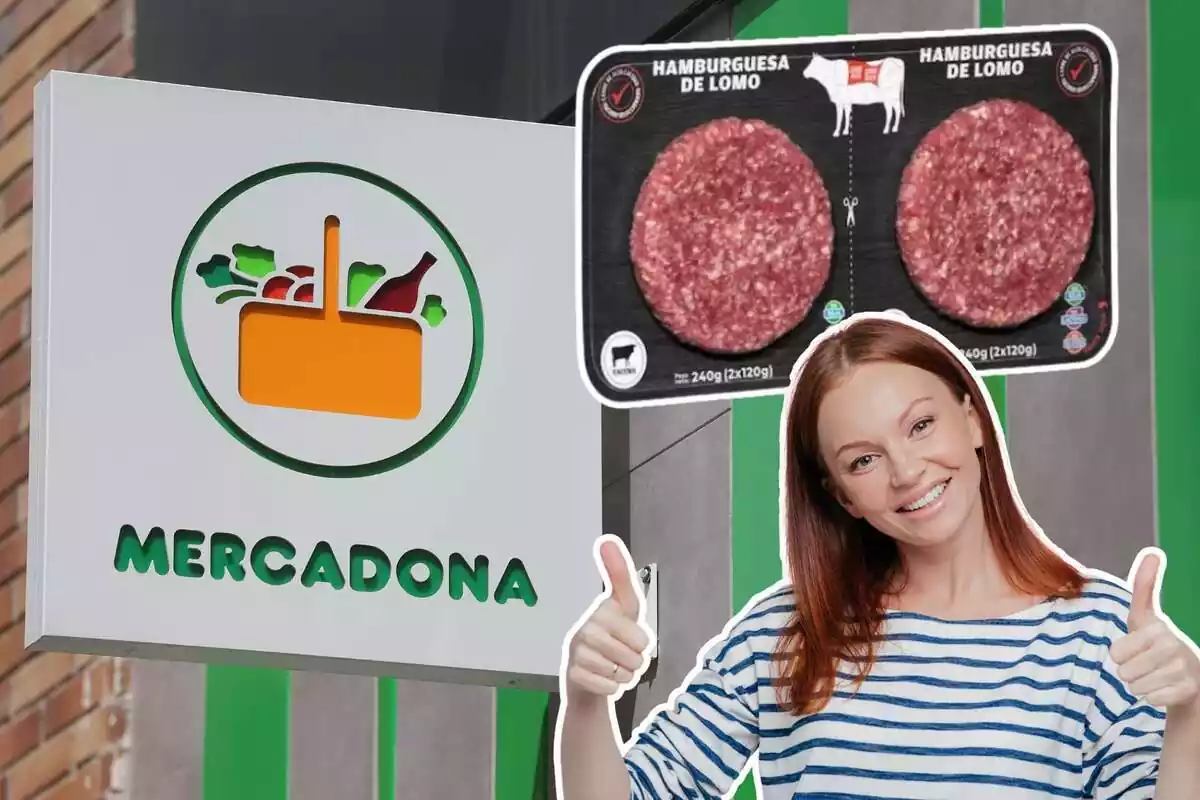 Muntatge amb una imatge de fons de Mercadona i una altra de les hamburgueses i una dona fent el gest d'aprovació