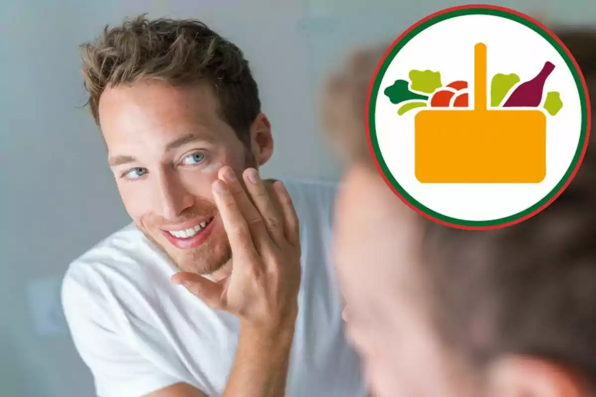 A man applying cream to his face in front of a mirror with a food logo in the corner.